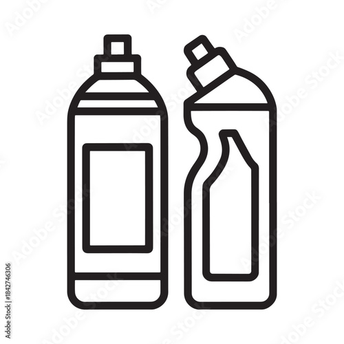 Outline icon illustrating two household cleaning product bottles, one cylindrical and one with an ergonomic shape