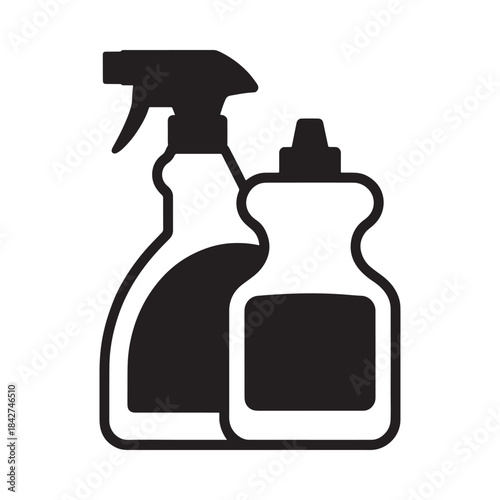 A black and white icon depicting two cleaning supply bottles, a spray bottle and a detergent bottle