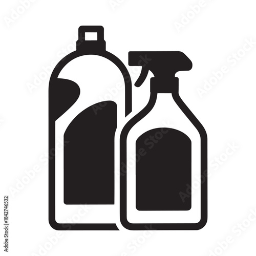 Black and white silhouette icon showing two bottles of cleaning products