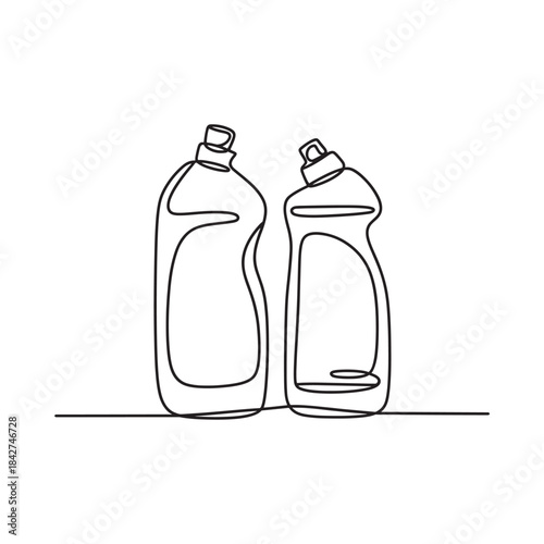 A continuous line drawing of two household cleaning product bottles