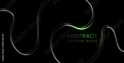 Abstract black template with chrome metal 3d wave shape. Futuristic ribbon swirl shape bg. Liquid 3d line, steel curve figure, glossy tube wave. Tech futuristic ribbon. Vector abstract illustration