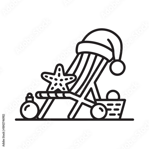 A festive beach chair decorated with a santa hat and ornaments for a holiday vacation