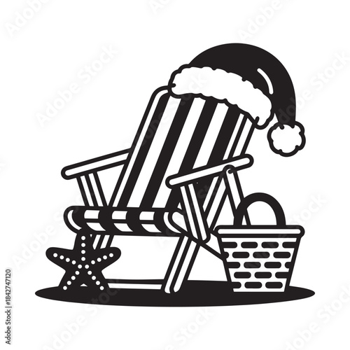 A beach chair with a santa hat, starfish, and basket for a tropical christmas vacation