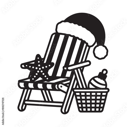 A festive beach chair with a santa hat and starfish, celebrating christmas by the sea