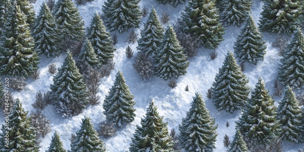 Obraz premium A snowy forest with many pine trees. The trees are covered in snow. The snow is white and fluffy