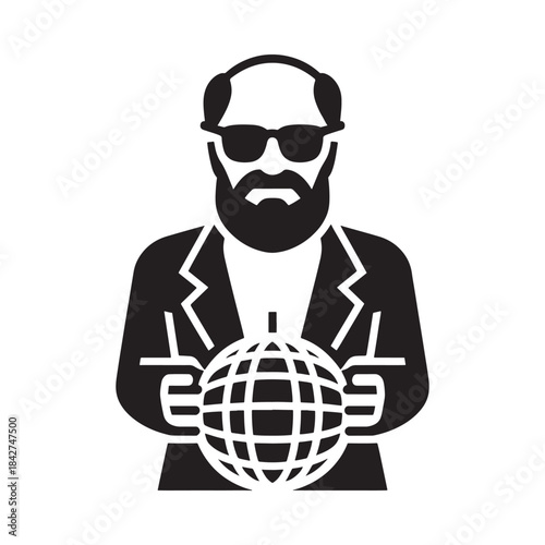 Icon of a bearded man wearing sunglasses and holding a globe, representing global business or power