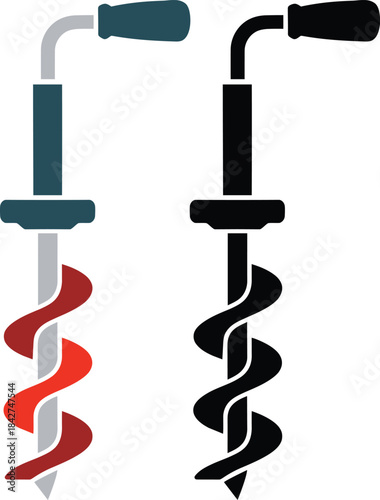 Handheld Manual Ice Auger Drill Tool for Fishing, Winter Outdoor Activities, Frozen Lake Drilling, Portable Ice Cutter Equipment Vector Illustration