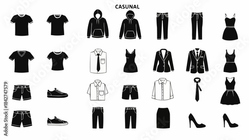 Collection of casual clothing items and accessories for men and women.