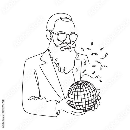 A continuous line art illustration of a bearded scientist holding a globe with abstract lines