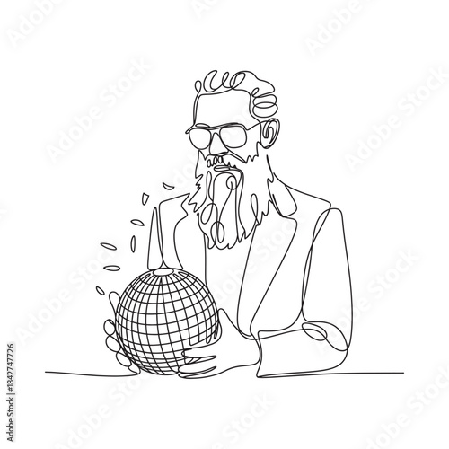 A continuous line drawing illustration of a bearded man holding a globe