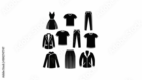 Collection of Black and White Clothing Icons Representing Fashion and Style.