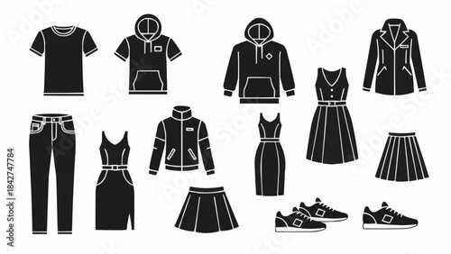 Collection of Black Silhouettes of Various Clothing Items and Footwear.