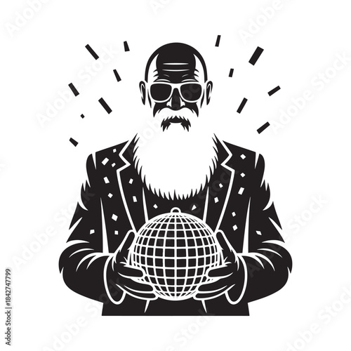 Stylish senior man with a long beard and sunglasses holding a disco ball