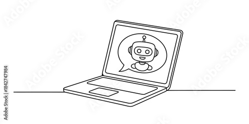 Minimalist continuous line art drawing of a laptop displaying a chatbot robot icon on its screen Vector, illustration