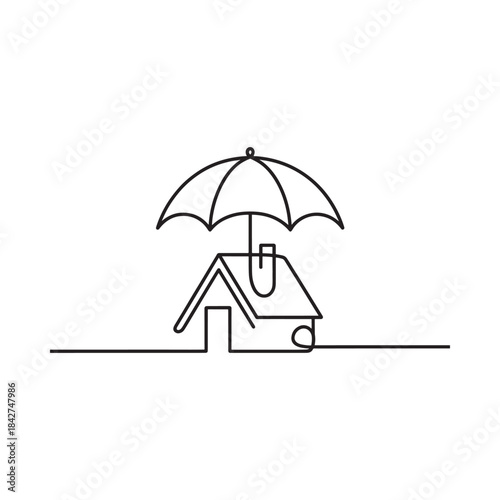 A single line drawing of a house with an umbrella over it, representing property protection
