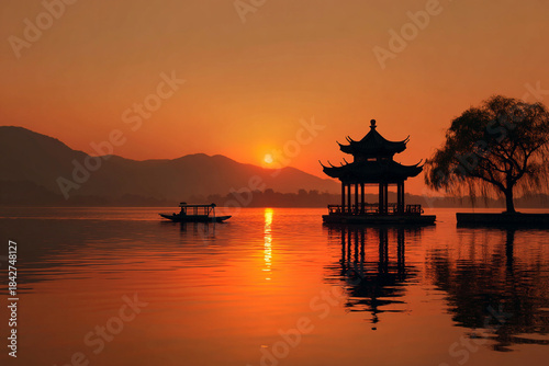 A vibrant sunset over a lake, featuring a traditional Chinese gazebo, a small boat, and people relaxing along the water's edge under a weeping willow.