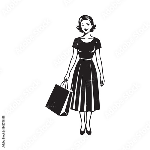 Elegant vintage illustration featuring a smiling woman carrying shopping bags