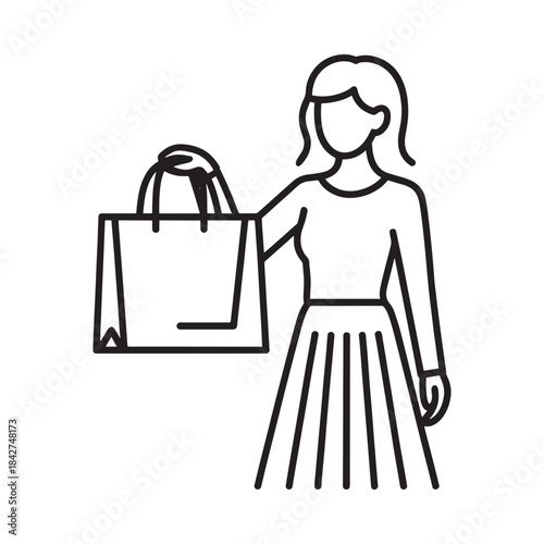 A minimalistic line art icon depicting a woman holding a large shopping bag after purchase