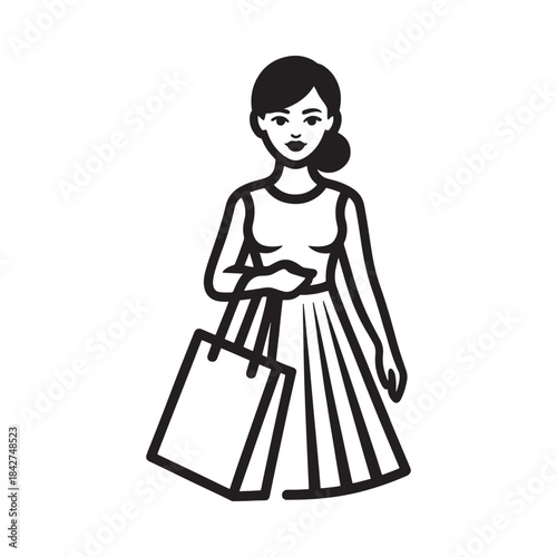A black and white line art illustration of a stylish woman carrying a shopping bag