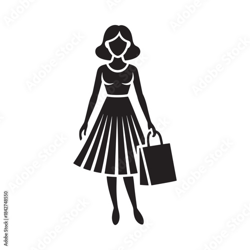 A minimalist black vector silhouette of a stylish woman carrying a shopping bag