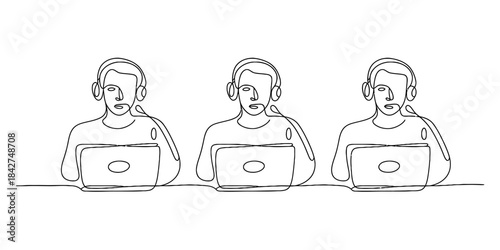 Continuous line art illustration of three call center agents working with headsets and laptops Vector, illustration