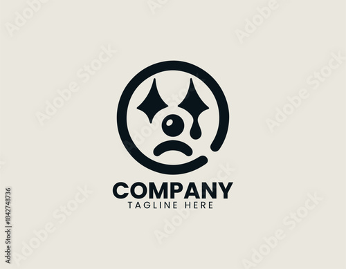 Sad clown face with teardrop and expressive minimalist features in bold black vector logo illustration