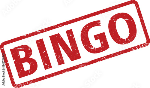 Distressed Red Bingo Stamp with Grunge Texture, Slightly Tilted on a White Background