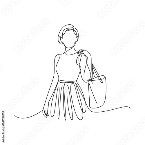 Elegant continuous line art of a stylish woman carrying a shopping tote bag