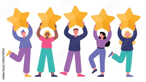 Diverse group of people holding up golden stars raising