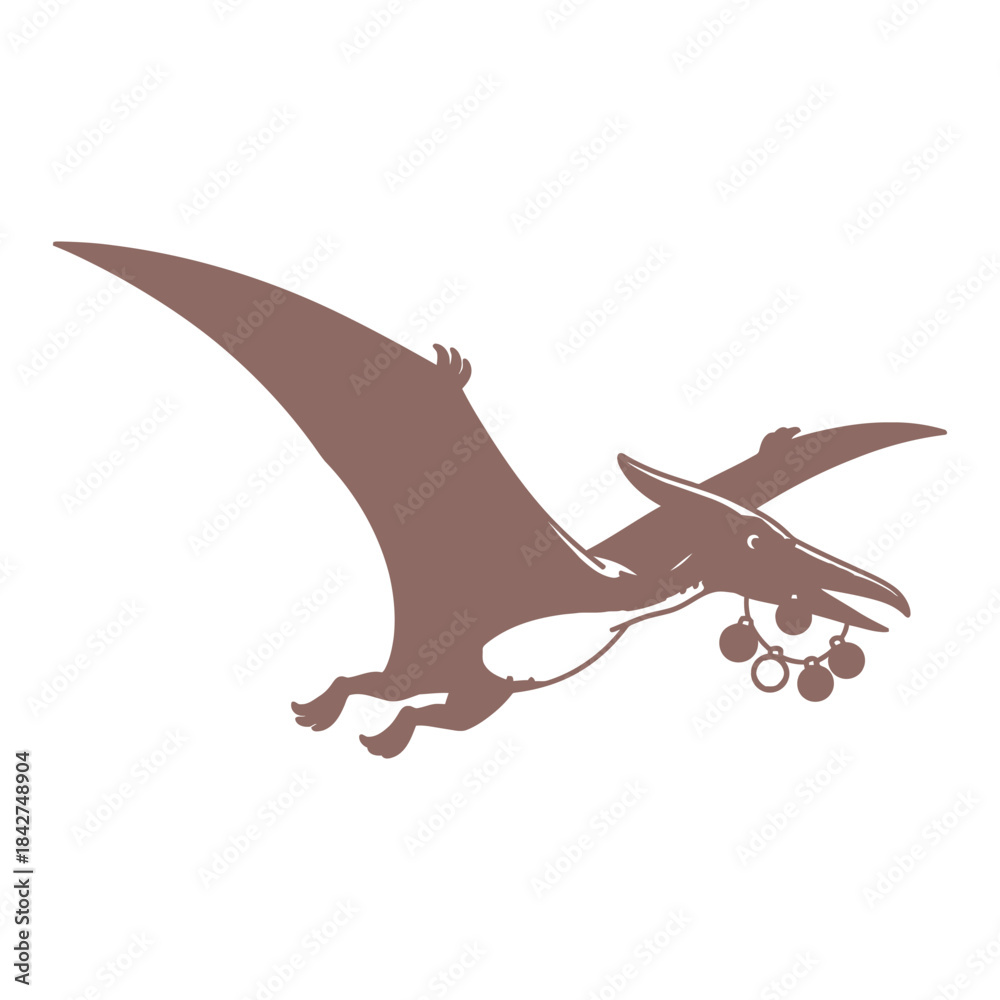 Fototapeta premium Stylized brown silhouette of pterosaur flying swiftly carrying small seasonal bells vector artwork