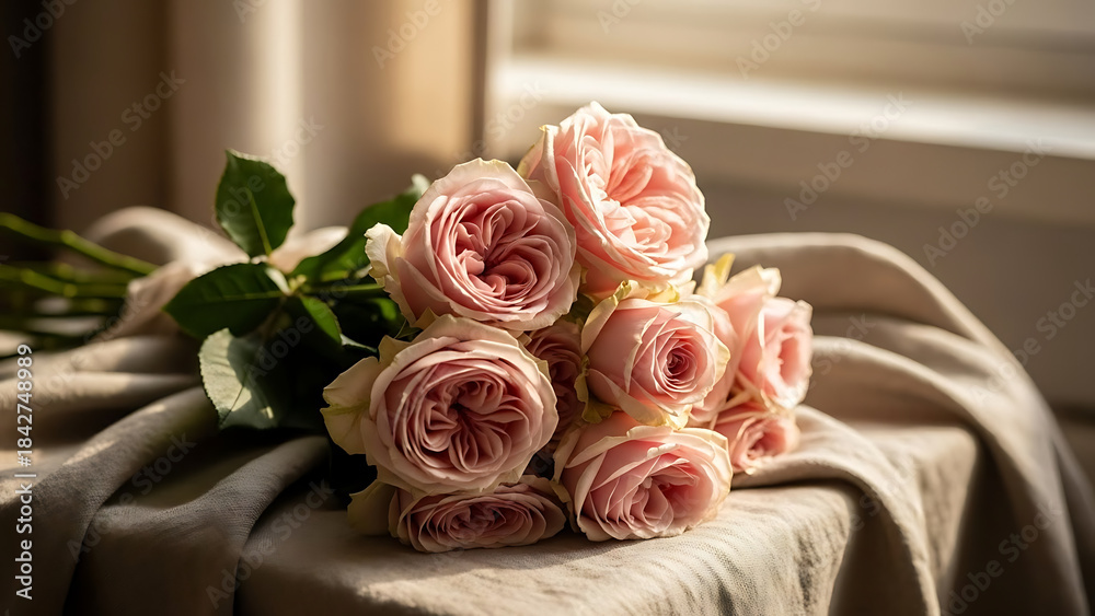 Fototapeta premium Pink Rose Bouquet on Soft Beige Cloth