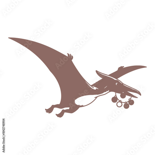 Stylized brown silhouette of pterosaur flying swiftly carrying small seasonal bells vector artwork