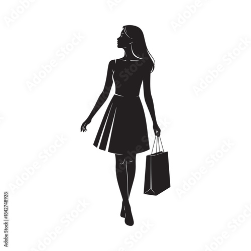 A stylish silhouette of a woman walking and carrying a shopping bag