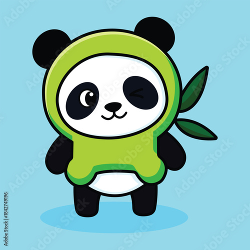 Cute winking panda mascot in green hoodie