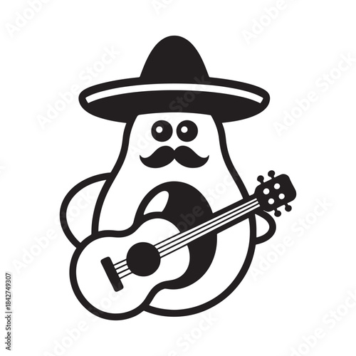 Cute cartoon avocado character with a sombrero playing guitar logo design