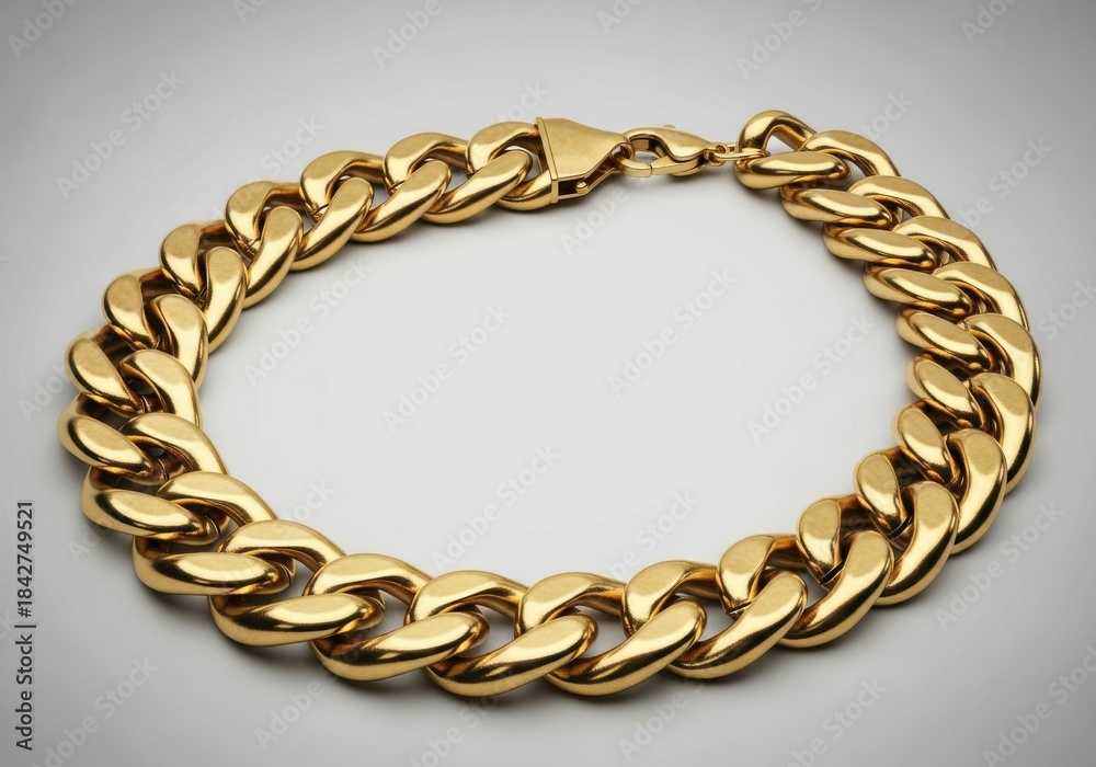 Obraz premium Thick, polished golden curb link bracelet rests on a light gray surface