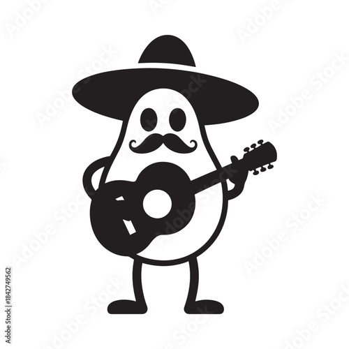 Simple black and white icon of a cartoon avocado character playing a guitar
