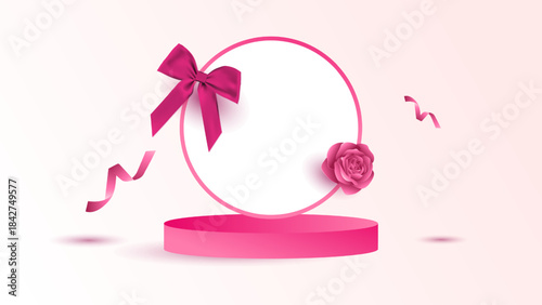 A $text{3D}$ rendering of a pink product podium on a soft gradient background, featuring a minimalist round frame tied with a large magenta ribbon bow and one pink rose bloom. Floating streamers crea