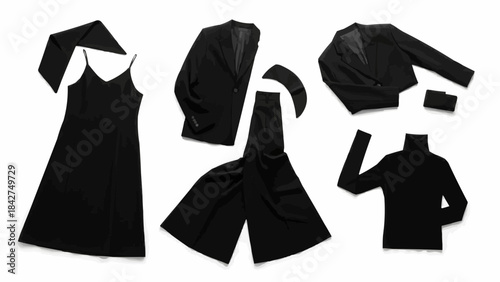 Collection of elegant black clothing items laid out flat.