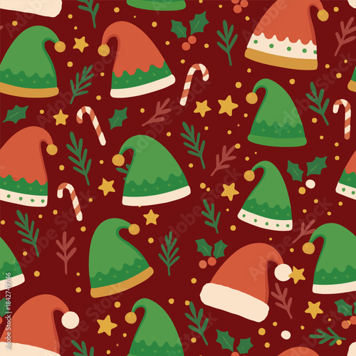 Holiday elf hat and candy cane repeat pattern vector for textile, wrapping paper, background, and apparel.