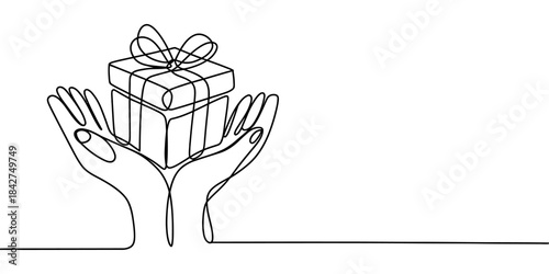Continuous line drawing of hands holding a present box with a ribbon bow on top Vector, illustration