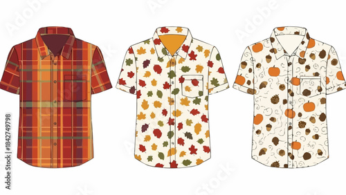 Three Short Sleeve Button Up Shirts with Autumnal Designs.