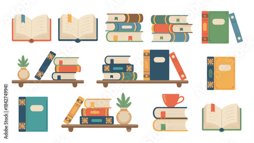 Flat Design Collection of Books and Vases Keywords: books, reading, library, education