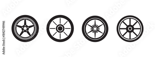 Car Wheel and Rim Icon Set Tire Alloy Automotive Part Vector