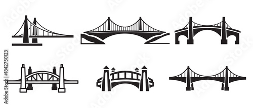 Bridge Icon Set Suspension Arch Beam Structure Silhouette Vector