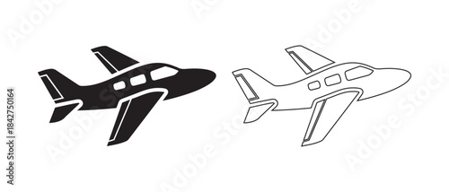 Flying airplane vector icon set in black silhouette and outline style