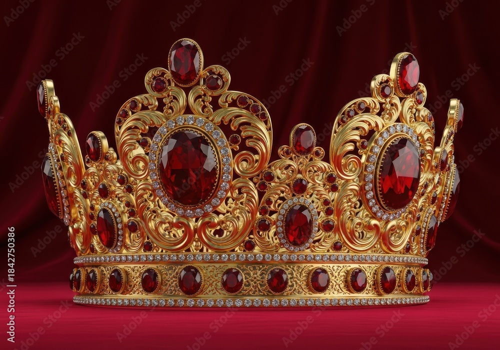 Fototapeta premium Ornate golden regalia adorned with deep red gemstones rests upon rich crimson fabric
