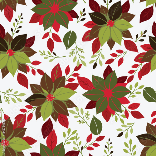 Christmas floral vector repeat pattern with poinsettia, leaves, and berries for textile print, wrapping paper, and packaging design.