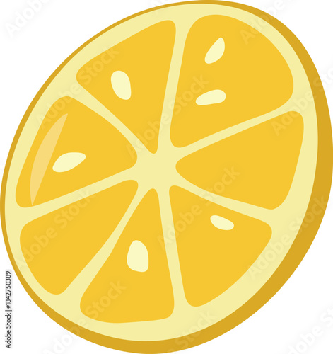 Cute, hand drawn vector illustration of a single, vibrant yellow lemon slice, perfect for summer. This fresh citrus graphic is ideal for juice labels, cocktail menus, digital crafting, and any project