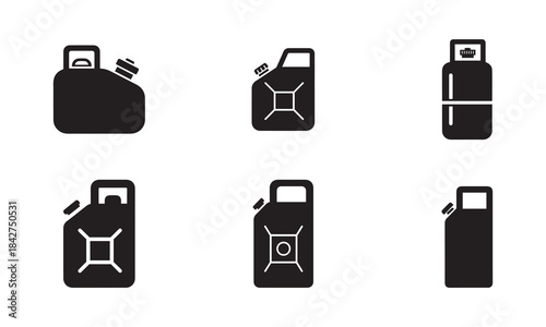 Gasoline fuel tank Jerry Can gas canister black vector icon set